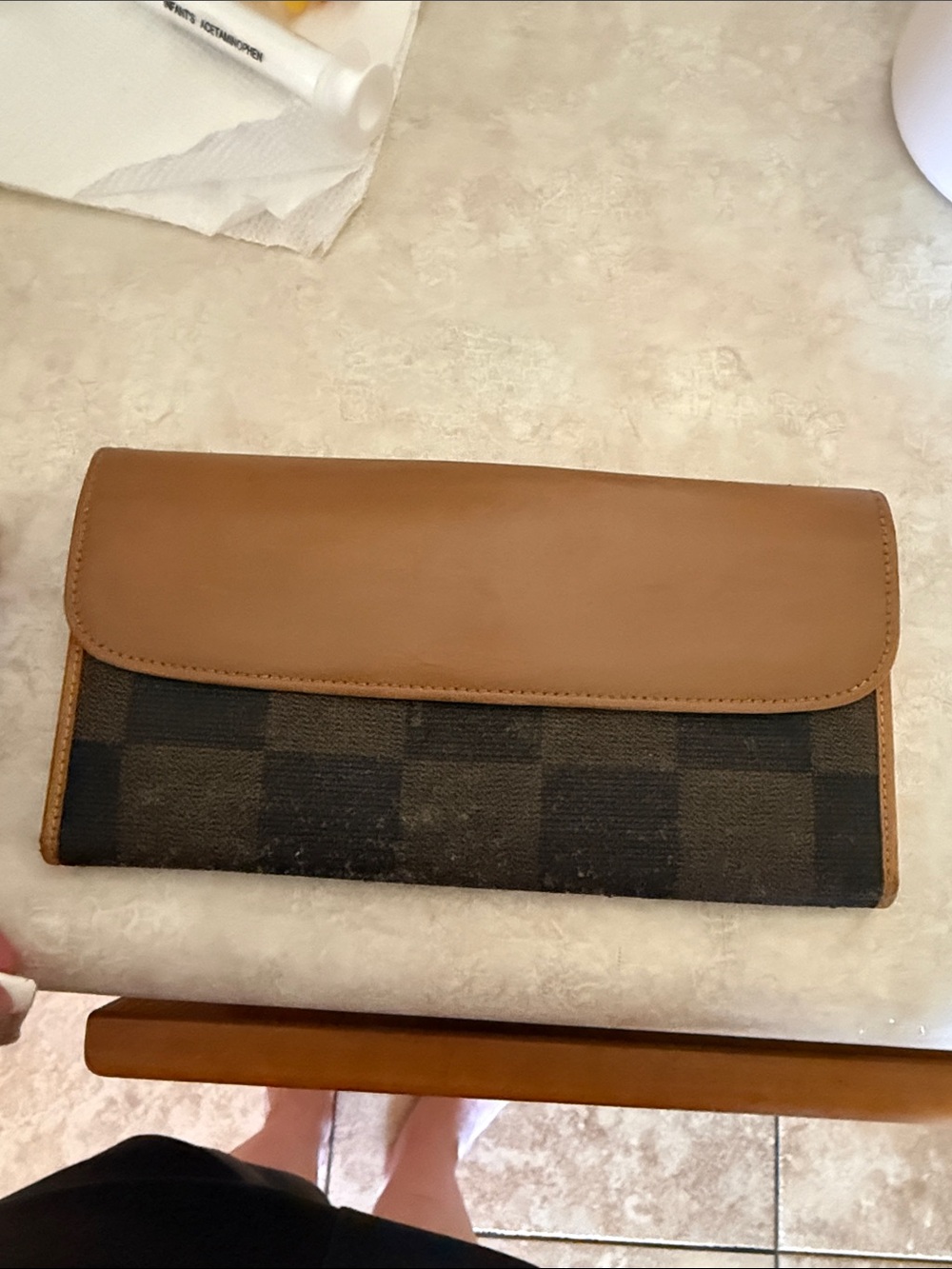 Brown fendi Leather and Checkered Canvas Clutch Wallet